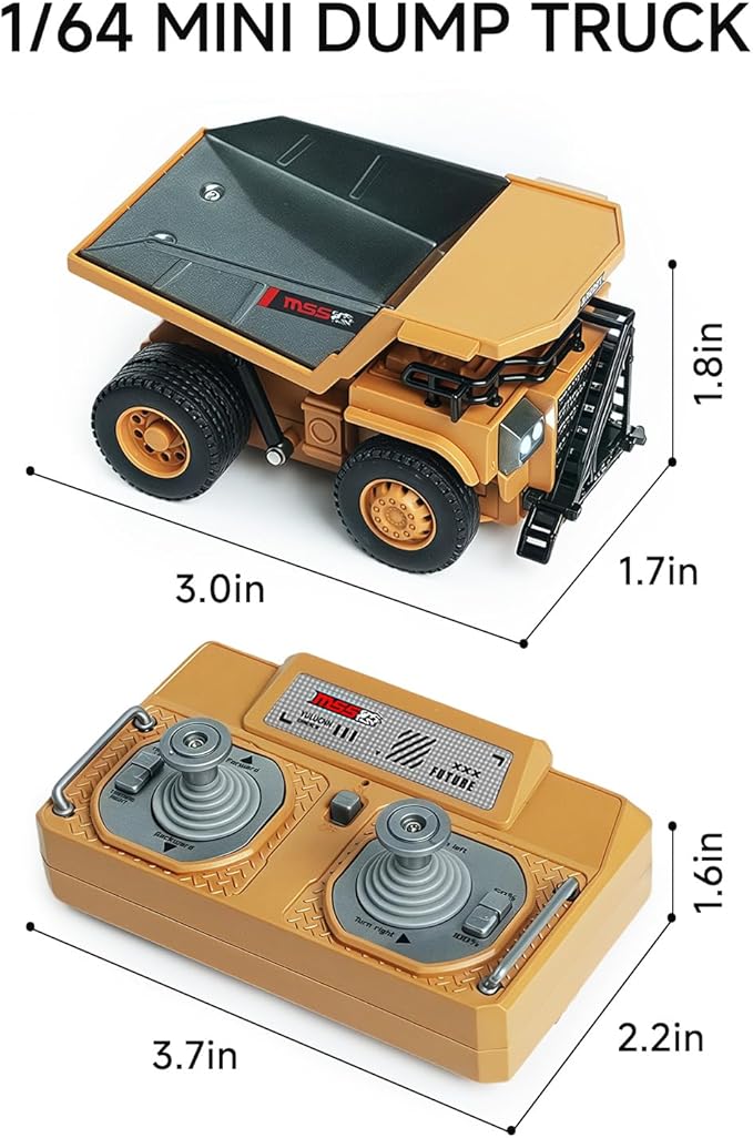 BRRRRT 1/64 RC Dump Truck,Mini Dump Truck Toy,8-Channel Remote Control Toy with Metal Bed & Light, RC Construction Vehicles,Type-C Built-in Battery,Birthday Gifts for Boys and Girls Age 3+