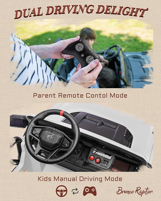 First Ride On Licensed Ford Bronco Raptor 24V 2 Seater Kids Ride on Toys, Battery Powered Electric Ride on Car, Remote Control Electric Car w/Led Lights, Music, High Low Speed (24V, White)
