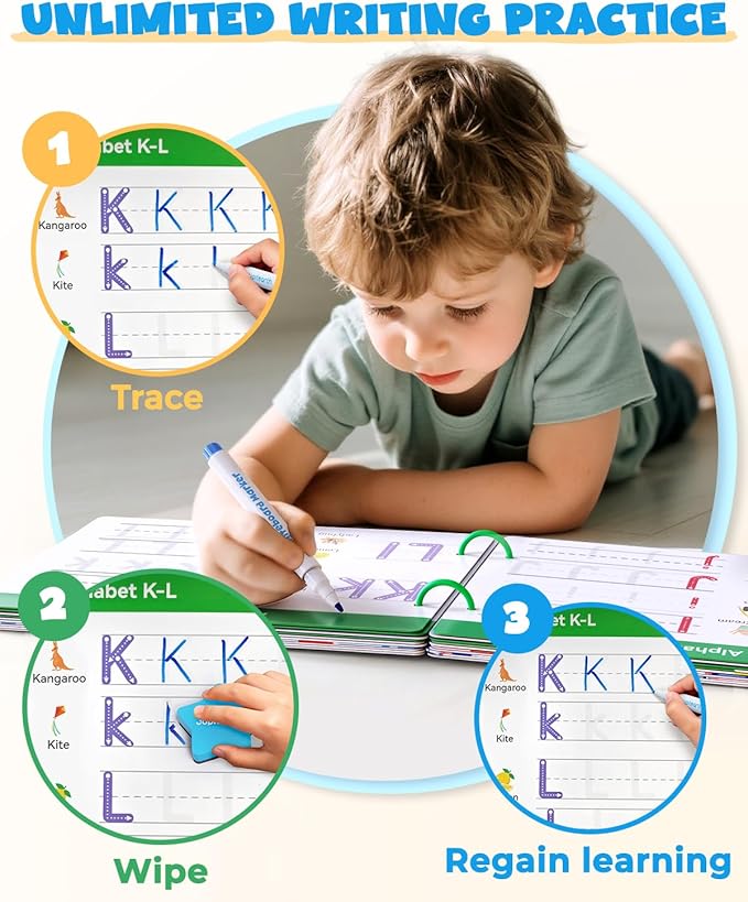 Preschool Learning Activities 54 Reusable Pages, Tracing Books for Kids Ages 3-5, Toddler Activities Busy Book, Handwriting Practice Kindergarten Workbooks, Educational Toys for 3 4 5 Year Old