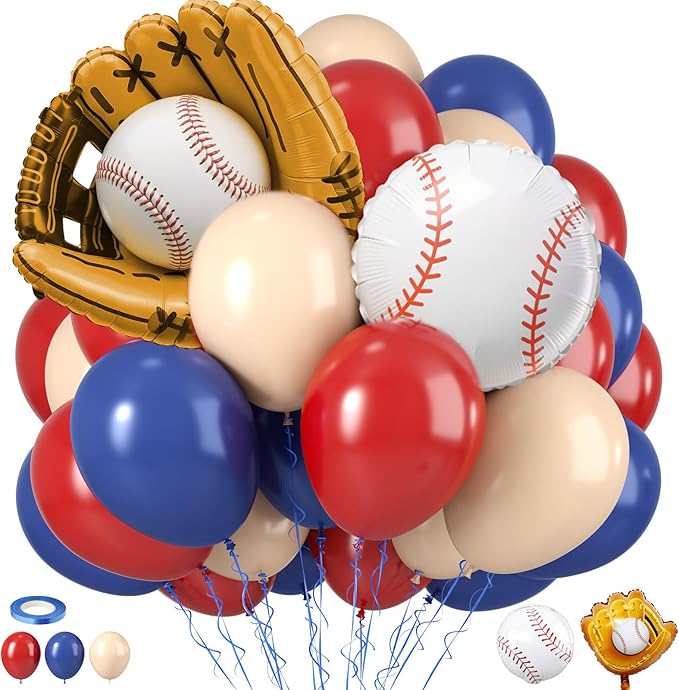Baseball Balloons, Navy Blue Red Nude Latex Balloons with Baseball Gloves Foil Balloon for Boys Baseball Themed Birthday Party Decorations Graduation Baby Shower Sport Theme Party Backdrop
