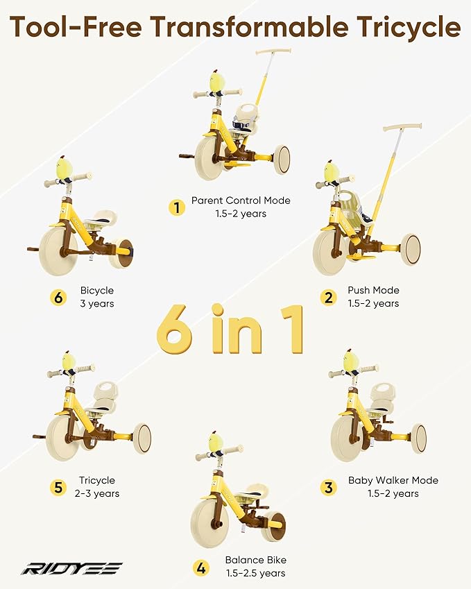 5-in-1 Kids Tricycle for Toddlers 1.5-3, Tool-Free Convertible Kids Push Trike to Balance Bike, Safety Belt, Removable Backrest and Footrest, Ride-On Toy for Boys & Girls, Yellow