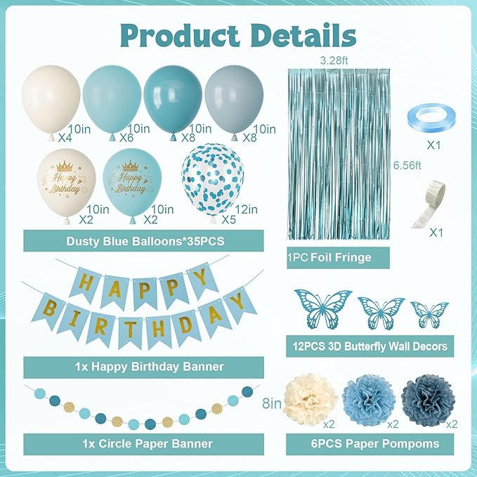 Blue Birthday Decorations, Dusty Blue Sand Confetti Metallic Printed Balloons Butterfly Stickers Fringe Curtain Happy Birthday Banner Circle Dots Paper Pompoms Boys Men Girls Women Party Supplies