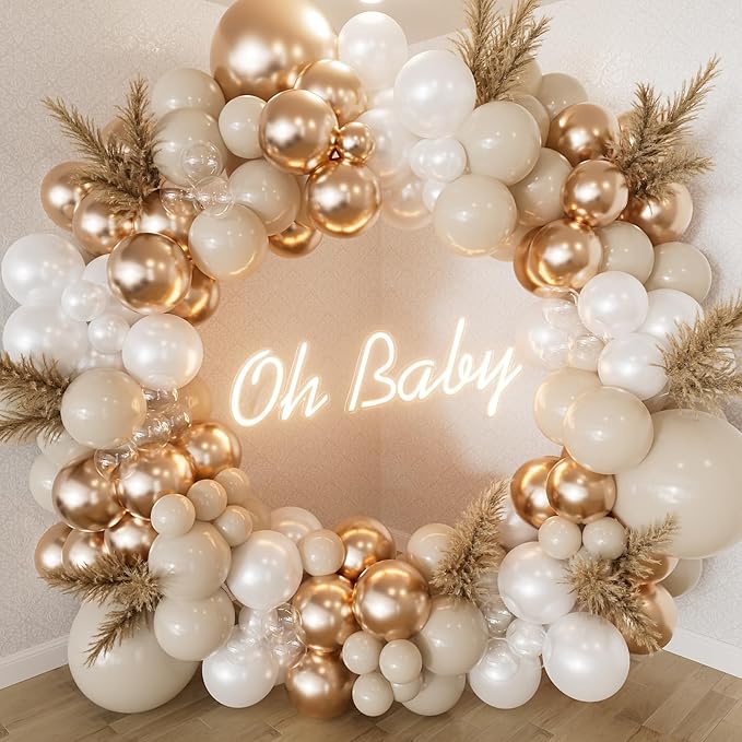 Neutral Balloon Garland Arch Kit, 148 Pcs Sand Pearl White Metallic Champagne Gold Balloons with Clear Balloons for Birthday, Bridal Shower, Baby Shower, Gender Reveal, Boho Wedding Decor