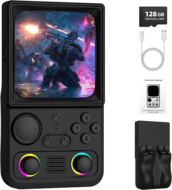 R36TMAX Retro Handhled Game Console, 4.0 Inch Retro Gaming Console with 4000mAh Battery (128GB-Black)