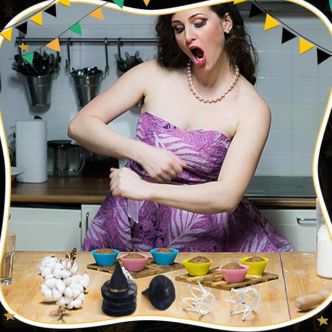 48 Pack Witch Hat and Crown Cake Topper Bad Witch Birthday Party Decorations Mini Wizard Hats Silver Crown Cupcake Toppers Decor Princess Cake Accessories for Birthday Party Supplies Crafts