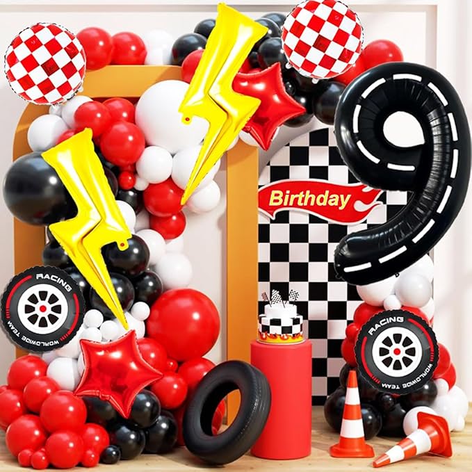 Race Car Birthday Party Decorations Large Lightning Bolt Foil Balloons Race Car Balloons 40 Inch Racetrack Number 9 Balloon for Boys 9th Race Car Birthday Party Decor Supplies