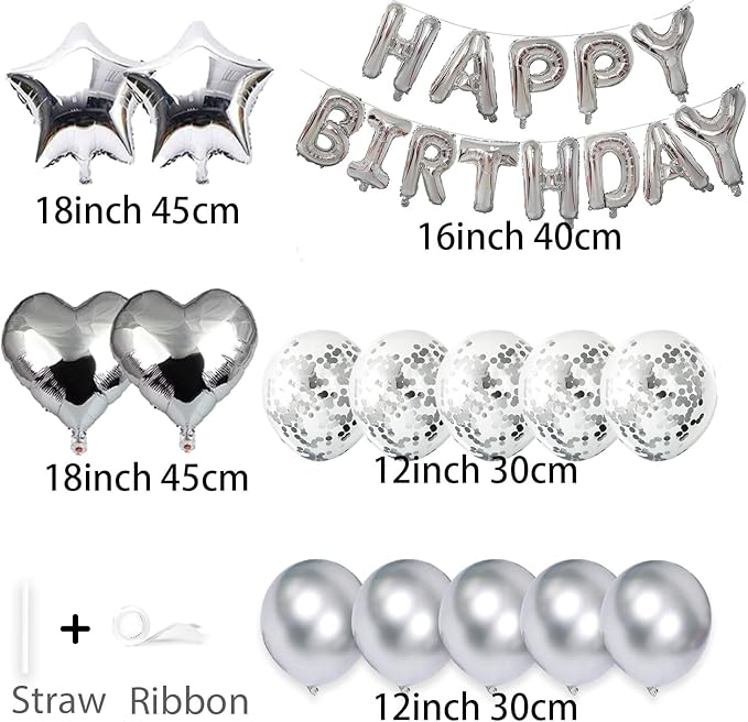27 Pcs Silver Birthday Decorations, 3D Foil Silver Happy Birthday Balloon Banner, Pentagram Heart Foil Balloons Confetti Balloons Kit For Boys Girls Birthday Party Supplies