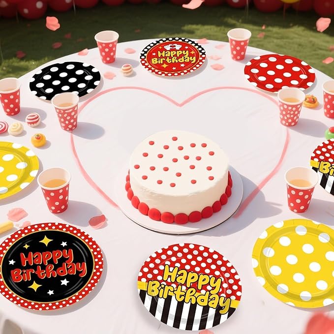 Grencian 60 Pcs Cartoon Mouse Birthday Party Decorations 9” Red Mouse Birthday Party Plates Red Black Yellow Polka Dot Platter Decorations for Halloween Boys Girls Cartoon Theme Parties Supplies