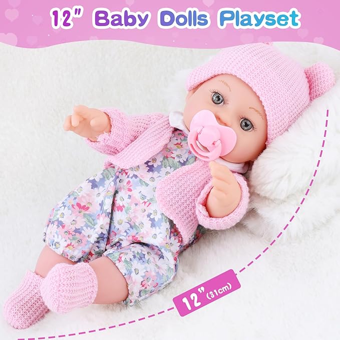 12 Inch Baby Doll Backpack Playset with Dolls Clothes and Accessories Included Backpack, Washcloth, Bottles, Nipple,Socks, Hats