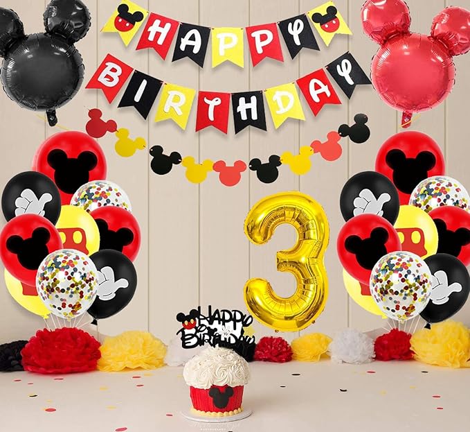 Cartoon Mouse 3rd Birthday Party Decorations - 3 Years Old Boy Party Supplies Includes Birthday Banner Garland, Door sign, Tablecloth, Cake Cupcake Toppers, Mouse Head Balloons, Latex Balloons