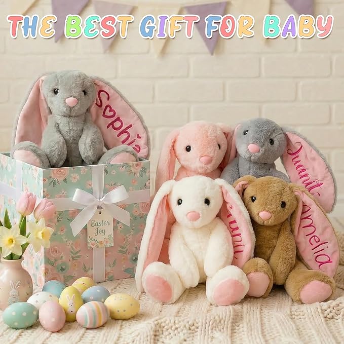 Personalized Bunny Stuffed Animals,Baby Easter Basket Stuffers,Custom Plush Bunny with Embroidered Child’s Name, Baby Girl Boy Gift, Handmade Children Easter First Birthday Plushie Gifts