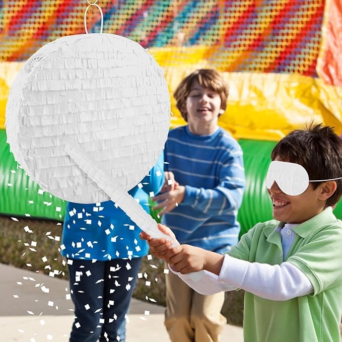 White Round Pinata with Stick Blindfold and Confetti DIY Blank Pinata for Adults Kids Birthday Party Supplies Carnivals Thanksgiving Decorations