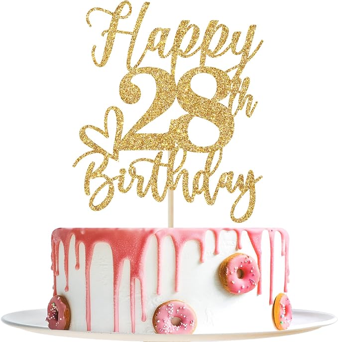 Happy 28th Birthday Cake Topper, 28th Birthday Decorations, Cheers to 28 Years, 28 Happy Birthday Party Supplies Gold Glitter