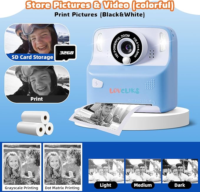Kids Camera Instant Print with 1080P HD | Children's Digital Camera with 2 Printing Modes | Video Recorder, Timer Delay, for 3-12 Year Old Boys Girls Birthday Christmas with 32GB SD Card