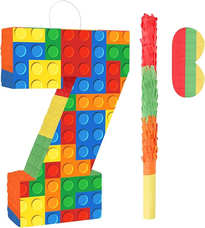 Number 7 Pinata with Blindfold and Bat Stick Building Block 7th Birthday Decorations for Kids Boys Girls Building Block Birthday Party Games Number Pinata for Fiesta