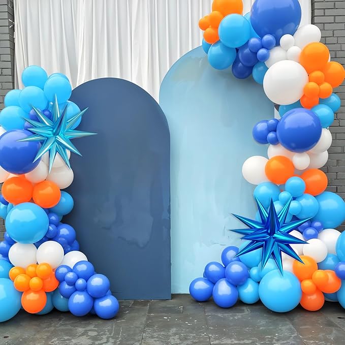 Blue and Orange Balloon Arch Kit, 120 Pcs Light Blue White Orange Balloons Garland Kit with 4D Star Chrome Latex Balloons for Graduation Class of 2025 Thanksgiving Party Decorations
