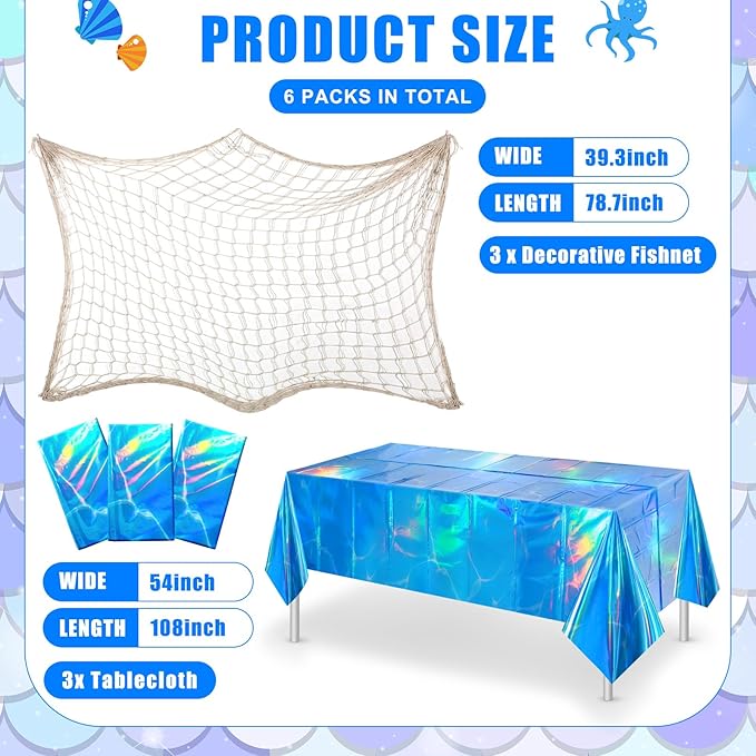 Unittype 6 Pcs Fish Net Decorative and Tablecloth Set, Cotton Fishnet and Plastic Table Cover Decorations Set for Nautical Themed Party Baby Shower Pirate Decorations Mermaid Party (Iridescent Wave)