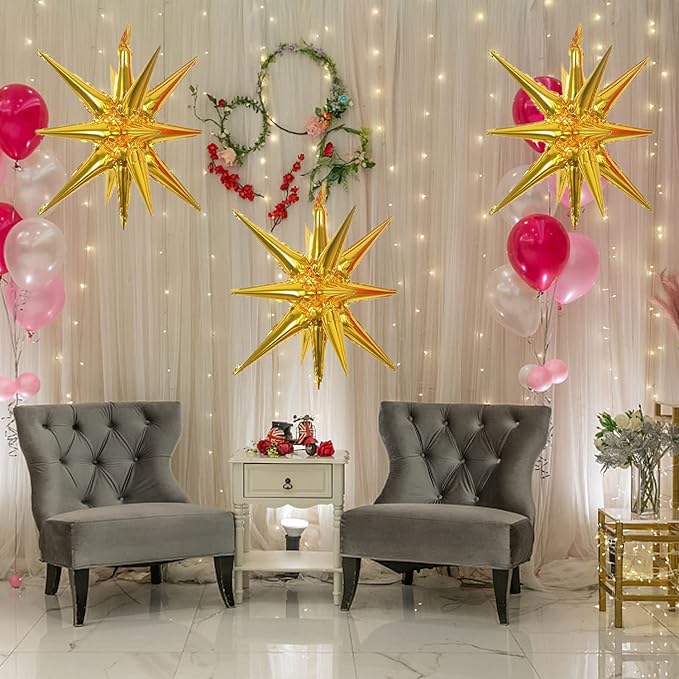 6 Pcs Gold Star Foil Balloons One-Piece 14-Pointed Star Balloon 4D Starburst Cone Mylar Balloon 22inch Christmas Birthday Wedding Wedding Anniversary Party Supplies(Gold)