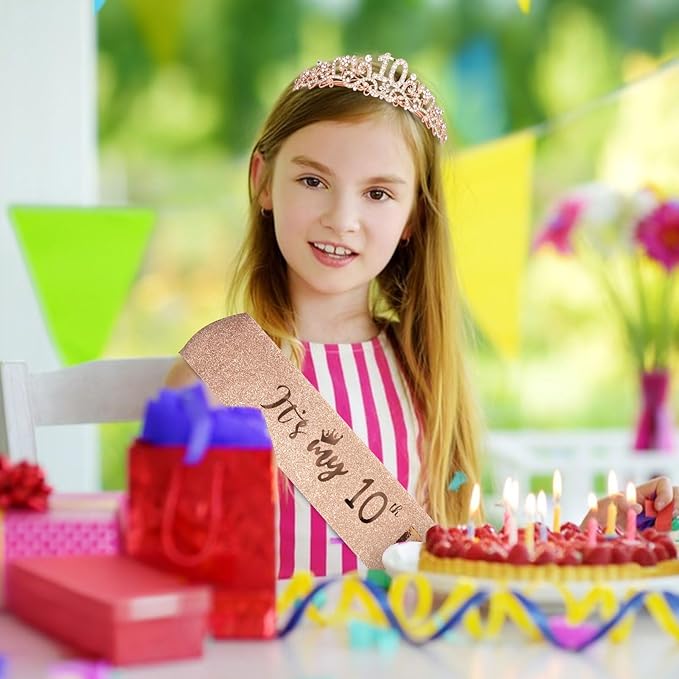 Semato 10th Birthday Decorations for Girl Sash and Crown Kit Rose Gold 10th Birthday Gifts for Girls Party Supplies