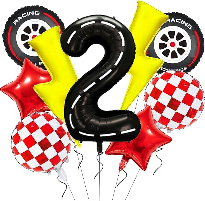 Cartoon Race Car Birthday Party Decorations Large Lightning Bolt Foil Balloon Race Car Balloons 40 Inch Racetrack Number 2 Balloon Black Two Fast Balloons for 2nd Cars Themed Birthday Party Decor