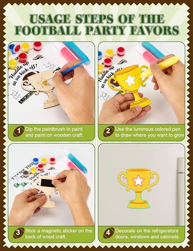 24 Set Football Party Favors - Football Birthday Party Supplies - Non-Toxic DIY Wooden Paint Crafts - with Magnet Luminous Pen - American Rugby Birthday Goodie Bags Gifts Prizes for Kids Boys Toddler