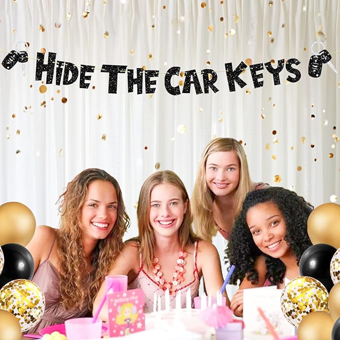 Pre-Strung Funny Birthday Decorations, NO DIY Glitter Hide The Car Keys Banner, 15th and 16th Car Theme Party Supplies, Sweet Sixteen 16 Year Old Birthday Gifts Ideas