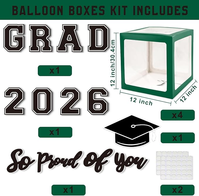 Graduation Decorations Class of 2026 - Green Graduation Decorations - Balloons Boxes with Letters 2026 GRAD So Proud of You, Congrats Grad Party Decorations for Any Grades