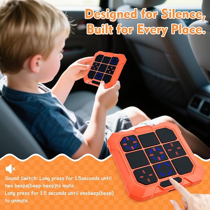 Tic Tac Toe Game, 6-in-1 Electronic Tic Tac Toe with Mute & Rechargeable - Handheld Travel Board Game for Kids Ages 4+, Adults, Family - Educational Learning Toy for Boys Girls, Orange