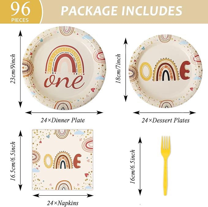 96 Pcs Boho Rainbow Party Plates and Napkins Party Supplies Boho Rainbow 1st Birthday Party Tableware Set Boho One Party Decorations Favors for Baby Girls Boys Birthday Baby Shower Serves 24