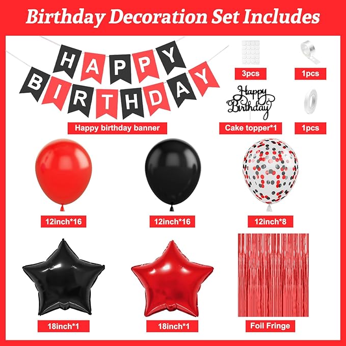 Red and Black Party Decorations, Birthday Decorations Supplies with Red Black Balloon Happy Birthday Banner Fringe Curtains Foil Balloons Cake Topper for Boys Girls Men Women Party Decor