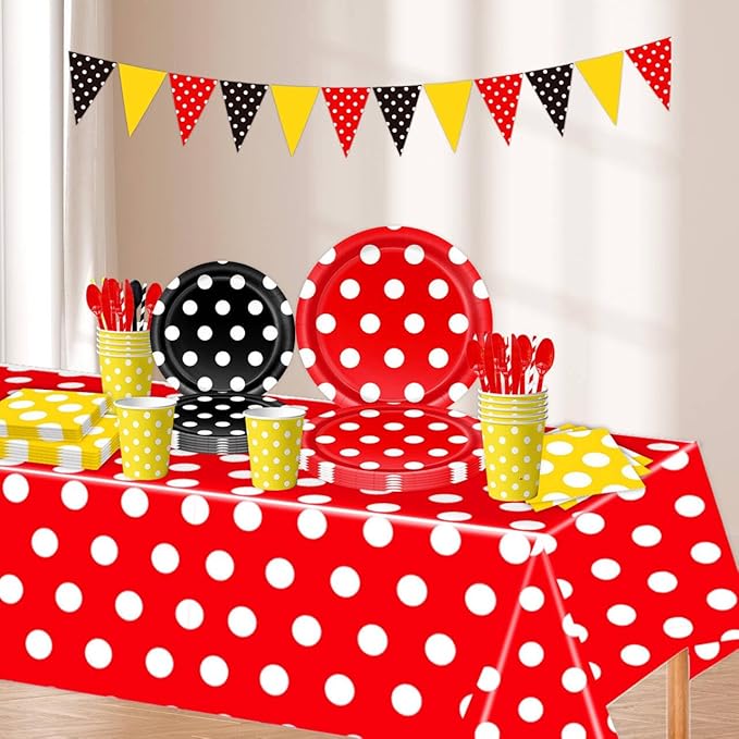 Mouse Party Decorations Red Black Yellow Polka Dot Tableware Set, include 20 Plates and 20 Napkins, for Mouse Color Boys Girls Party Supplies