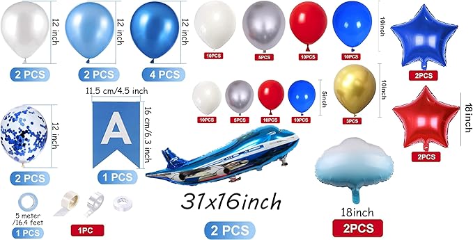 31inch Large Airplane Blue Party Decoration Airplane Balloon Set Birthday Party Supplies (Blue red Airplane set)