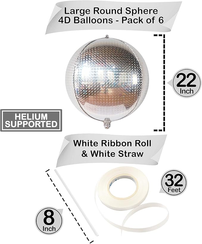 KatchOn, Large Silver Disco Ball Balloons - 22 Inch, Pack of 6 - Metallic Silver Balloons | Silver Mylar Balloon for Graduation Decorations 2026 | Round Foil Balloon for Bachelorette Party Decorations