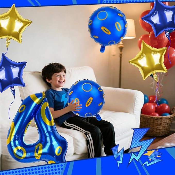 40 Inch Blue and Golden Ring Themed Number Balloon, Number Block Foil Number 4 Balloons Large Big Numbers Helium Balloon for Girls Boys 4th Birthday Theme Party Decorations (Number 4)