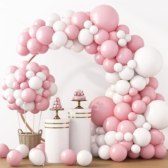 RUBFAC White and Pink Balloons 129pcs Different Sizes Pack of 18 12 10 5 Inch, Latex Baby Pastel Pink Balloon Garland Arch Kit for Birthday Party Wedding Anniversary Baby Shower Gender Reveal