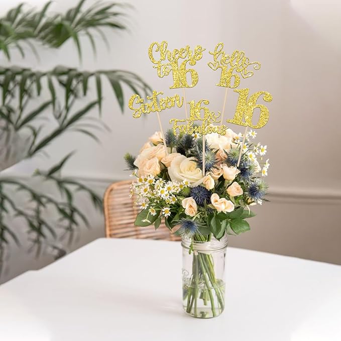 15PCS Happy 16th Birthday Centerpiece Sticks Hello 16 Fabulous Table Flower Centerpieces Sticks Sixteen Cheers to 16 Years Floral Decoration for Happy 16th Birthday Party Centerpieces Sticks Gold