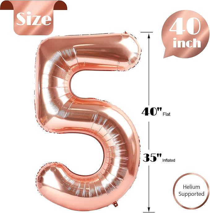 Rose Gold 5 Balloon, Number Balloons 40 Inch, 5th Birthday Balloon Decorations, Rose Gold Party Supplies, 5 Number Balloons, Number 5 Balloon