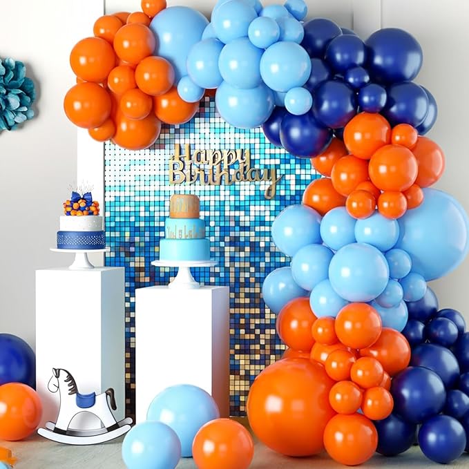 Orange and Blue Balloons, 60pcs 12 Inch Royal Blue Light Blue Pastel Orange Latex Party Balloons with Orange and Blue Confetti Balloons for Boy Birthday Party Baby Shower Graduation Decorations