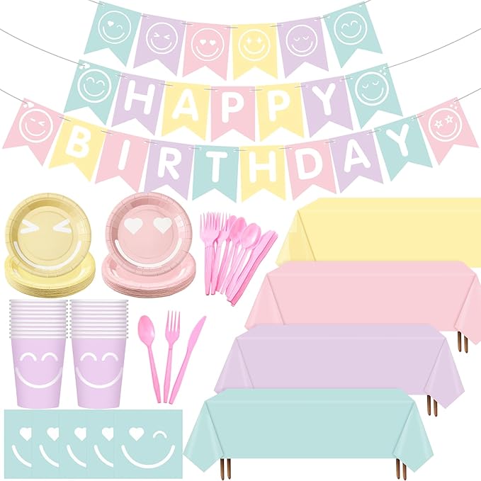 Dandat 175 Pcs Pastel Birthday Plates and Napkins Preppy Party Decorations Macaron Smile Happy Birthday Banner Supplies Serves 24 Guests Tableware Paper Plates Napkins Cups Tablecloths(Bright)