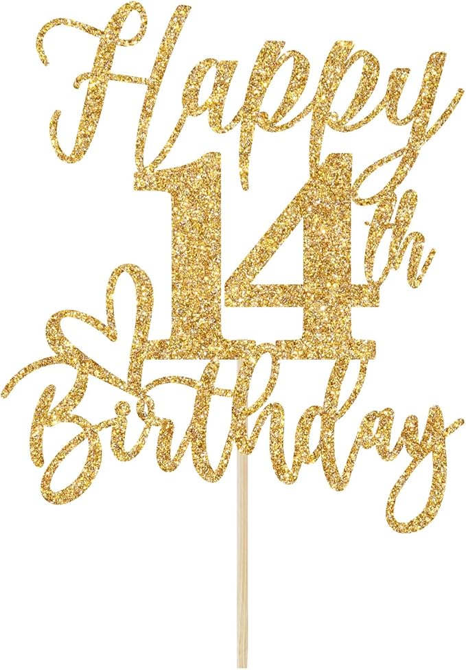 Gold Glitter Happy Birthday Cake Topper, Funny Party Supplies for 14th Birthday