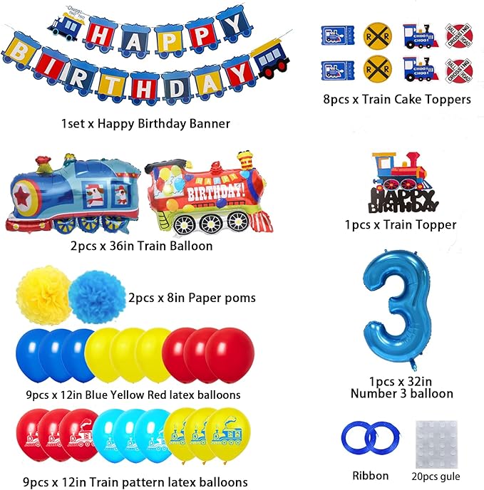 3rd Train Birthday Decorations Boys,3 Years Old Birthday Party Supplies Blue Number 3 Foil Balloons Locomotive Banner,Train Patterned Balloon,Cake Topper
