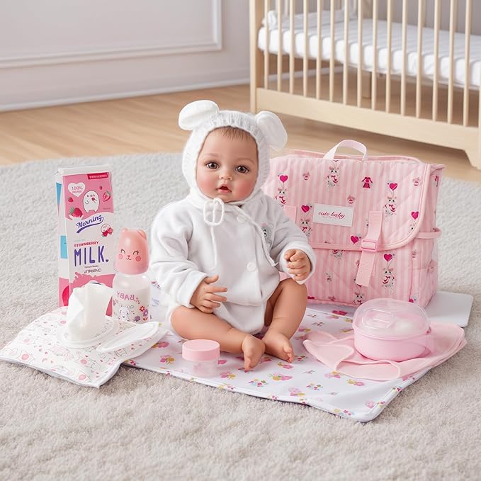 BABESIDE 9 Pcs Reborn Baby Doll Accessories Set for 17-22 Inch Reborn Dolls, Feeding and Care Set, Including Baby Doll Diaper Bag, 2 Diapers, Great for Children's Pretend Play (Doll not Included)