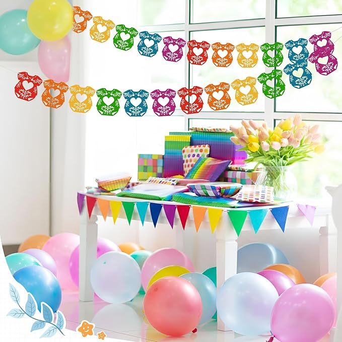 2 Pack Cielito Lindo Papel Picado Baby Shower Banner Decoration, Mexican 24 Pcs Bodysuit Card with Hanging String Fiesta Garland for Gender Baby Shower Party Supplies(Rainbow Color)