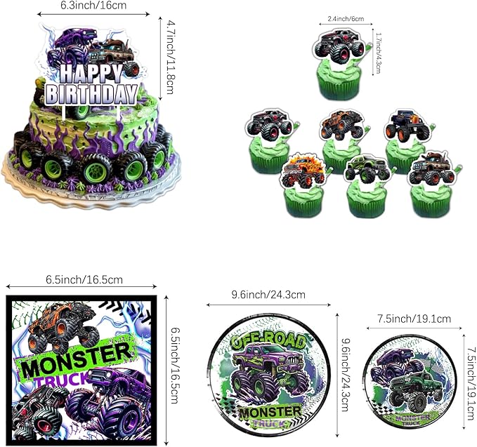 150Pcs Monster Truck Birthday Decorations，Monster Truck Party decorations，Monster Truck Birthday Party Supplies，Include Balloon arch,Backdrop, Cake Toppers，Tableware, Tablecloth