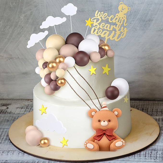 Yinder 54 Pcs Bear Cake Decoration Toppers for Baby Shower Decorations with Balls We Can Bearly Wait Happy Birthday Mini Bear Figurine Cake Party Birthday Supplies (Lovely)