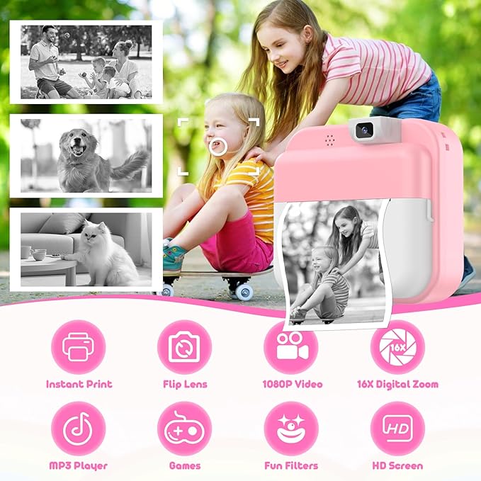 Kids Camera Instant Print with Flip Lens, Christmas Birthday Gift for Girls Boys, Digital Camera HD Video Instant Print Photos for Toddlers, Portable Travel Toys for 4 5 6 7 8 9 10 Year Old Pink