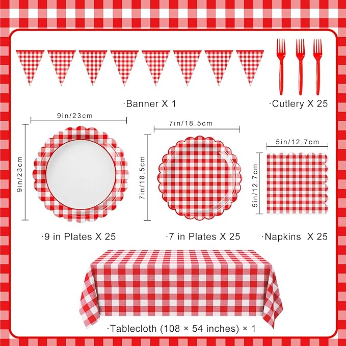 102 PCS Red Gingham Party Supplies - Christmas Scalloped Plates, Napkins, Cups, Forks, Banner, Gingham Tablecloth for Baby Shower, Birthday, Picnic Party Decorations, Serves 25