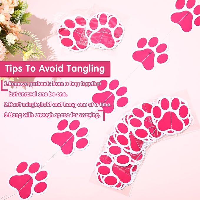 Duraaamo 8 Packs Dog Party Banner Decorations Pink Paw Print Paper Garland Dog Birthday Hanging Cutouts Paw Banners for Lets Pawty Pet Birthday Baby Shower Party Supplies Decor
