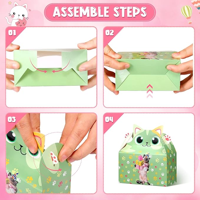 Nezyo 24 Pieces Cat Party Favor Boxes Kitten Theme Goodie Boxes Cute Candy Bags for Kids Birthday Supplies Decorations Adopt a Cat Party Favors, 8 Styles