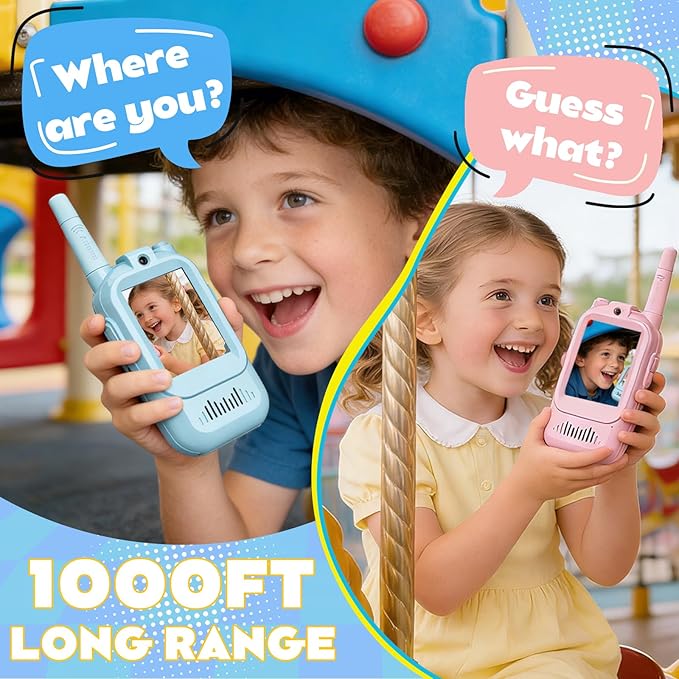 Rechargeable Kids Walkie Talkies 2 Pack, 1000 Feet Range with Video Screen & Voice Changer, Birthday Gift Toy for 3-12 Year Olds, for Indoor Play Camping Hiking